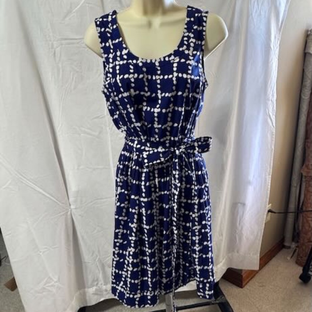 Banana Republic Navy/White Print Sleeveless Dress Elastic Waist +Belt Size 6